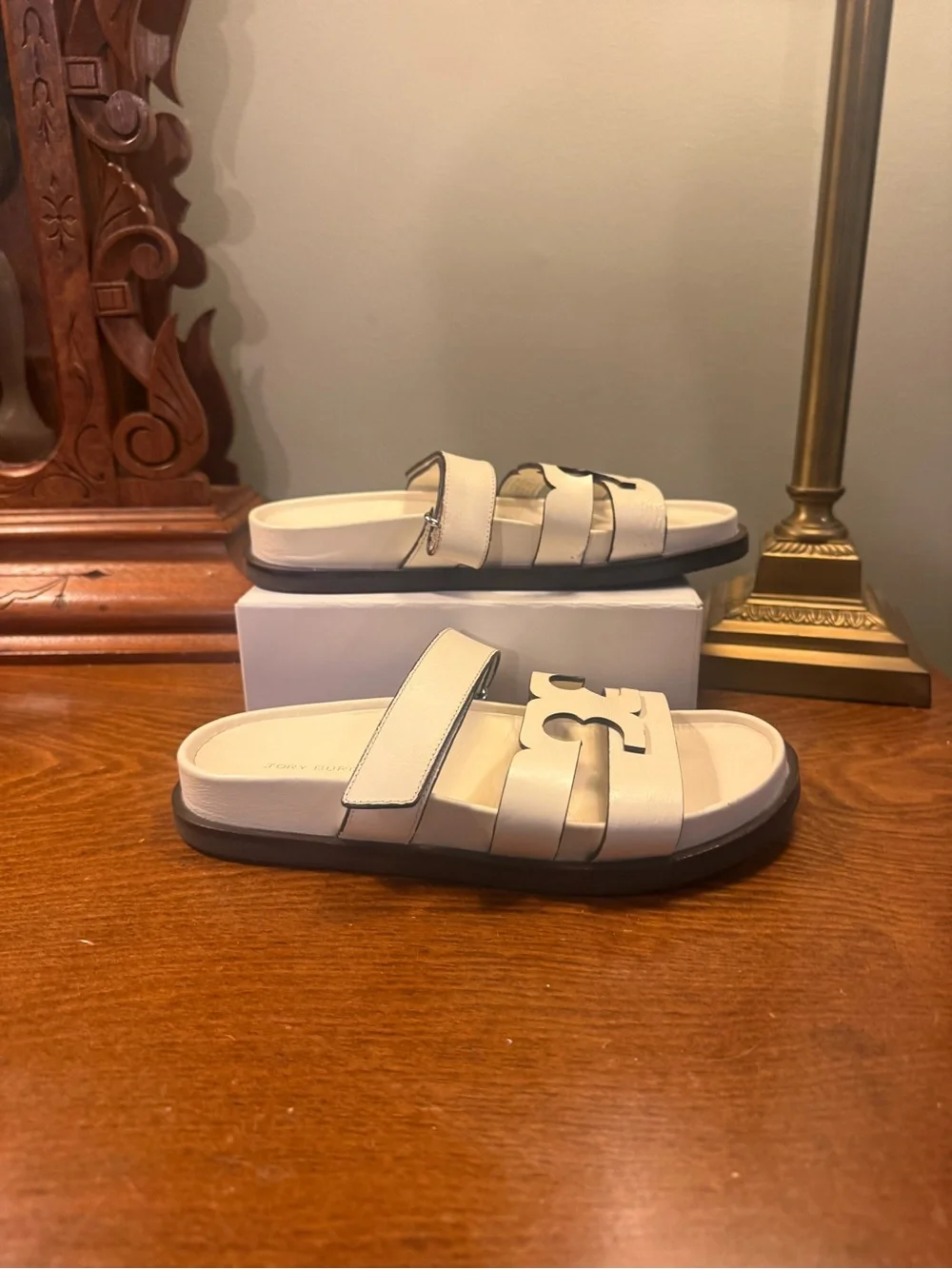 Tory Burch Ines Ivory Leather Double-Strap Logo Sport Slide Sandals Size 5.5